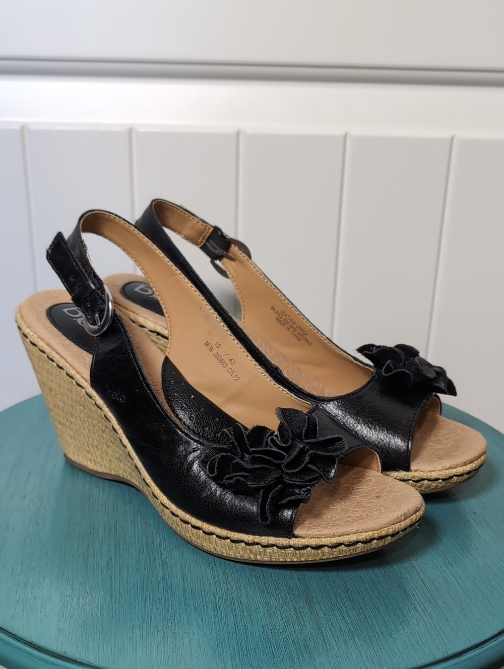 Bolo Black Leather Floral Slingback Wedge Sandals — Women Size 10